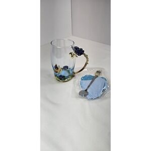 Arc of France Jeweled Enameled Glass Mug Butterfly Roses Cup Spoon Coaster